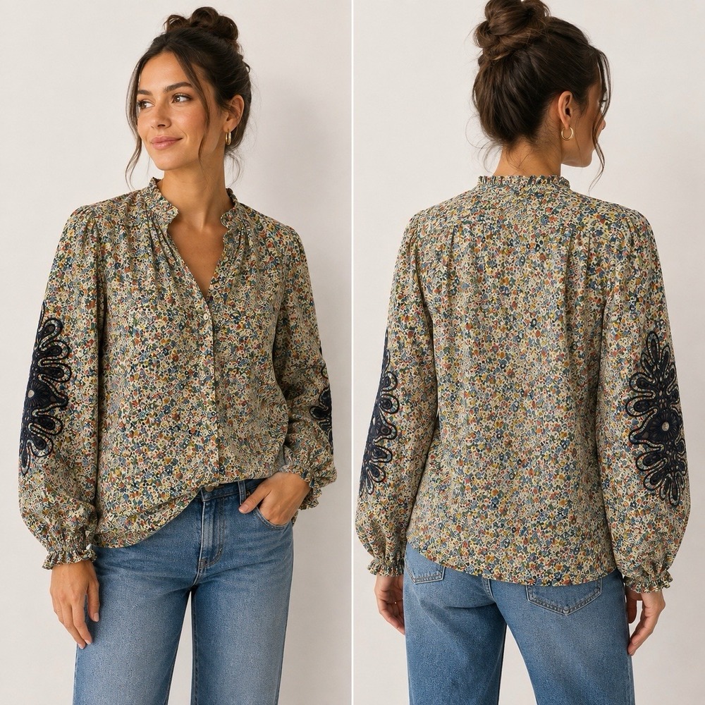Solitaire x Anthropologie Floral Blouse Embroidered Cutwork Sleeve Boho Top Sz L